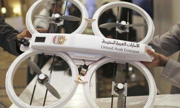 An unmanned aerial drone is displayed during Virtual Future Exhibition, in Dubai