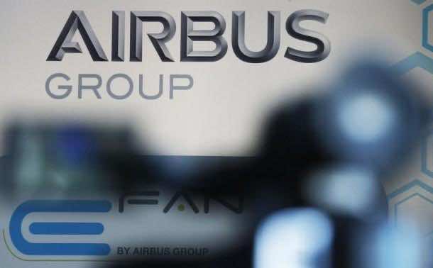 The logo of Airbus Group is seen during the first public flight of an E-Fan aircraft during the e-Aircraft Day at the Bordeaux Merignac airport