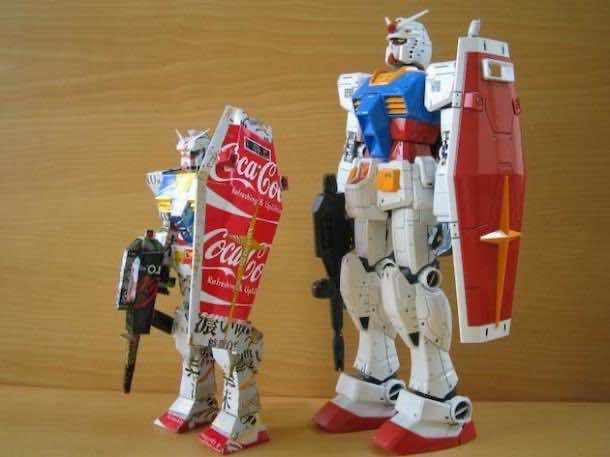 4.) Gundam robot made from cans next to an actual Gundam robot action figure.