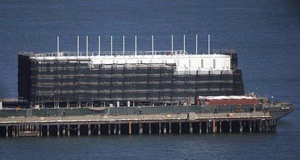 Mysterious structure built on floating barge is seen in San Francisco Bay