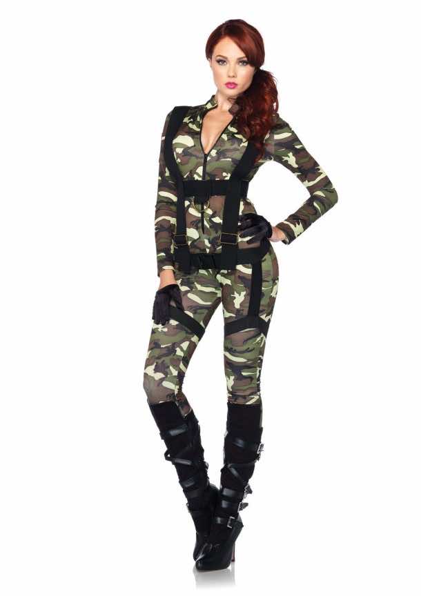 6. Leg Avenue Pretty Paratrooper Zipper Front Camo Jumpsuit and Body Harness