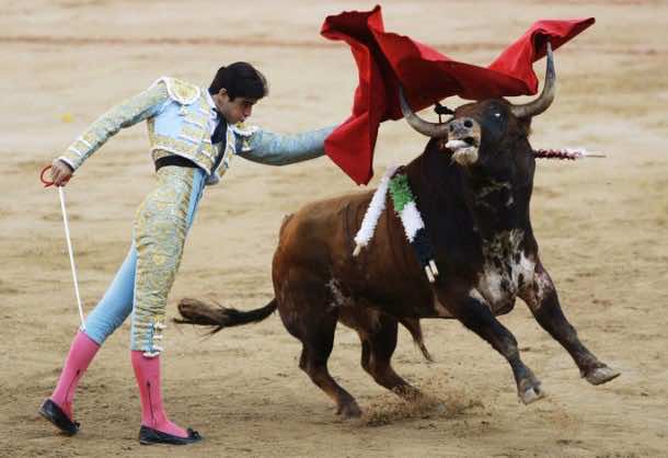 Spanish bullfighter Miguel Angel Perera performs a pass on a bull during the last bullfight of the San Fermin festival in Pamplona, July 14, 2009. REUTERS/Susana Vera (SPAIN SOCIETY)