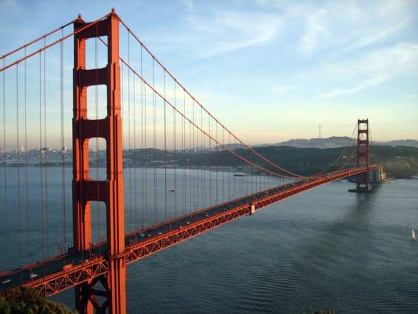 The Golden Gate Bridge in San Francisco, CA at sunset.