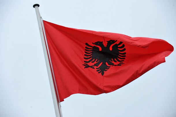 The Albanian flag flying at NATO Headquarters