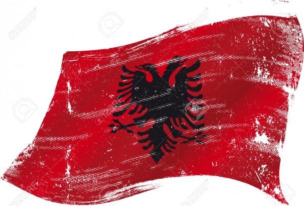 flag of  Albania in the wind with a texture