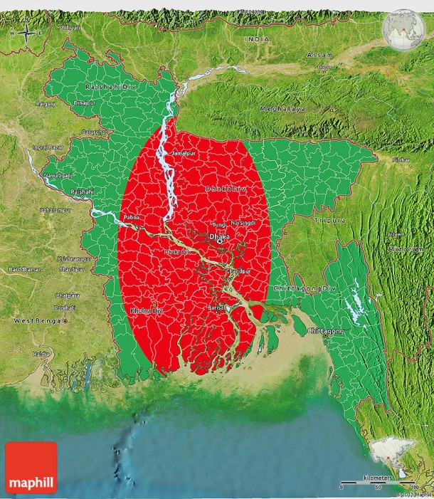 Flag 3d map of Bangladesh, satellite outside.