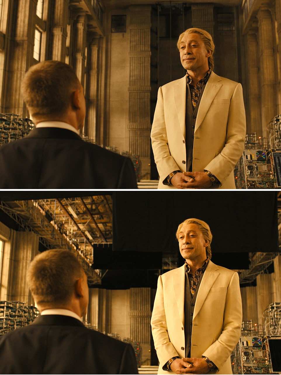 Skyfall (2012) Daniel Craig (LEFT) lured into the 'not so grand' lair of villain Raoul Silva (Javier Bardem - RIGHT) as special effects give the impression of a towering hall.