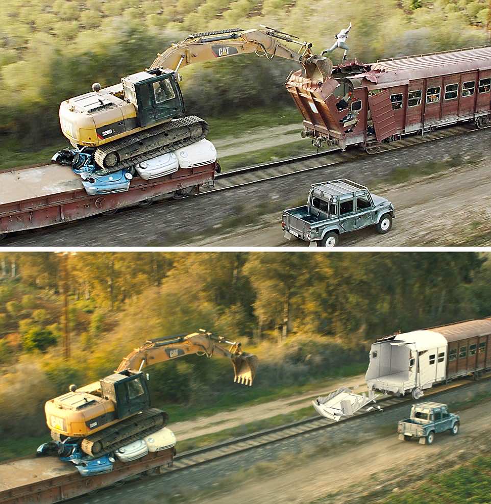 Skyfall (2012) - Viewers watched in amazement in the opening sequences as James Bond (Daniel Craig) took on a rampaging digger mounted aboard a moving train - the image below shows the CGI (computer-generated imagery) being added to footage to achieve the dramatic effect