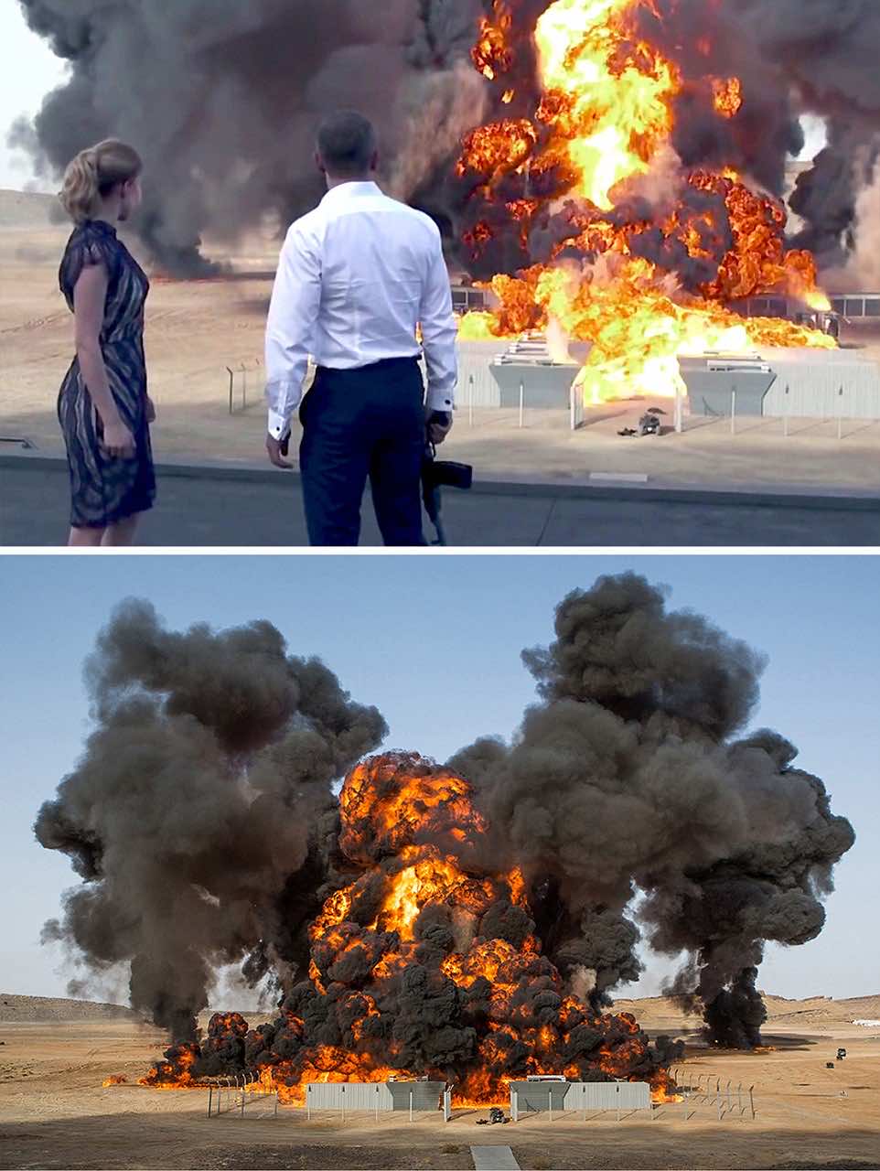 Spectre (2015) - (TOP) James Bond (Right) with Bond girl Madeleine (Léa Seydoux) watch the demse of Blofeld's base - filmed in Erfoud , Morocco (BOTTOM) The 24th Bond film features the largest film detonation of all time, with 70 tons of TNT used. The explosion lasted 7.5 seconds. /