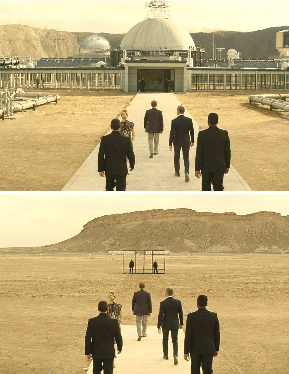 Spectre (2015) - TOP: James Bond (2nd Right) approaches Blofeld's (played by Christoph Waltz) desert base - filmed in Erfoud , Morocco but the Observatory base entrance is seen BELOW filmed with barely a simple door frame (with guards)