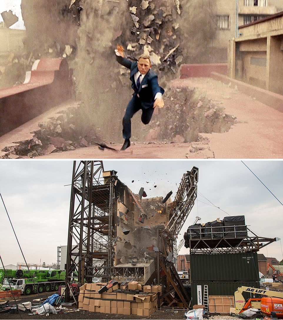Spectre (2015) - TOP: a building collapses around Daniel Craig as he falls floor-by-floor to the ground in a scene created to look like Mexico City BOTTOM: Actually a scaffold-supported structure built at Pinewood Studios in Buckinghamshire created the illusion.