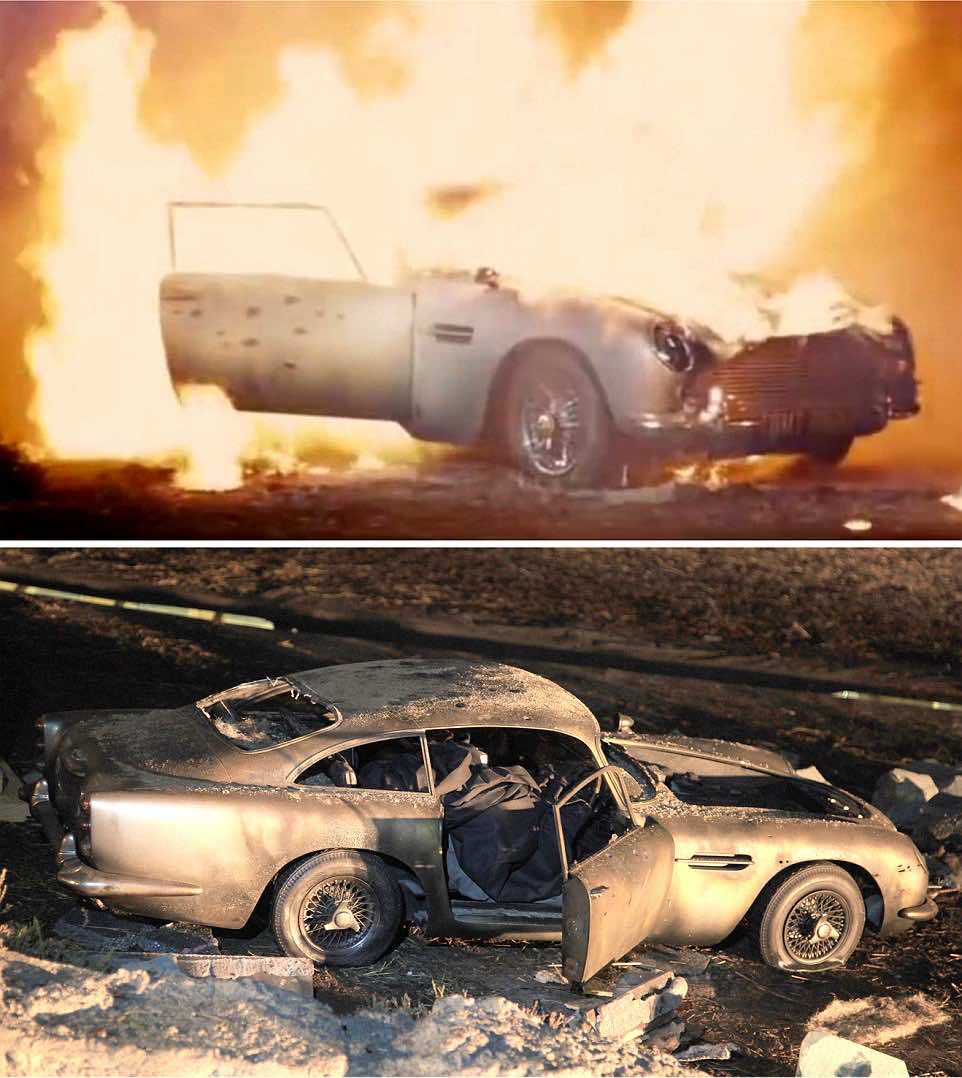 Skyfall (2012) - Too valuable a car to really destroy James Bond's prized Aston Martin DB5 is seen destroyed in the film (below) however as seen in top photo the car was a scale model