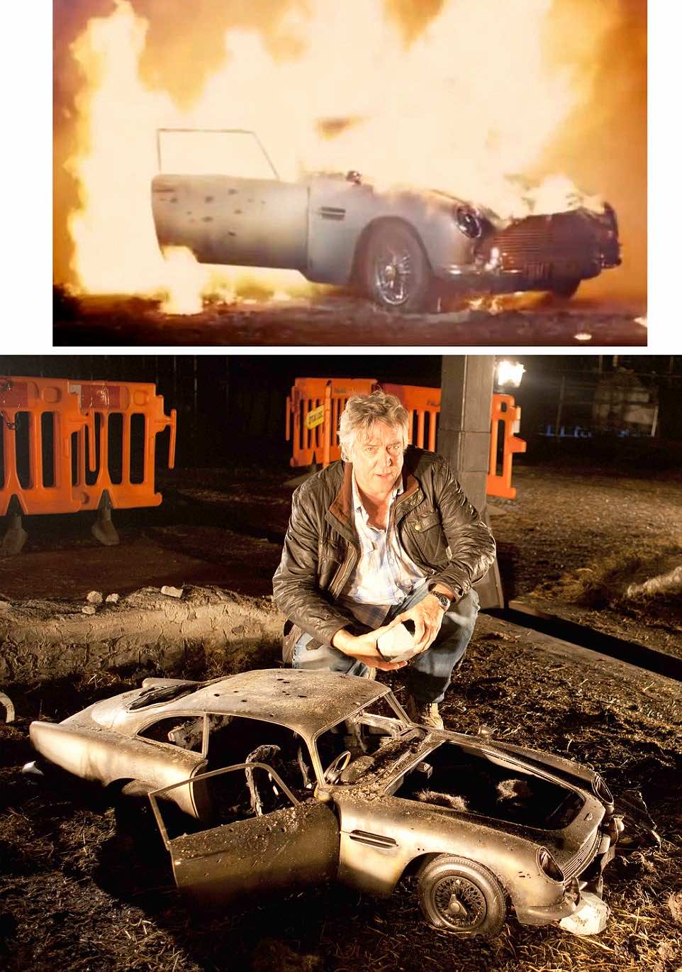 Steve Begg - Special Effects designer - with 3rd scale miniature Aston Martin DB5 and TOP the same model exploded for Skyfall (2012) - as the film sees an explosion destroy James Bond's prized Aston Martin DB5