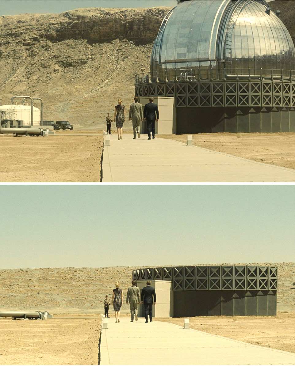 Spectre (2015) - James Bond (Right) with Bond girl Madeleine (Léa Seydoux) approach Blofeld's desert lair. Filmed in Erfoud , Morocco Special Effects and computer graphics provide the entire domed roof of Blofeld's Observatory