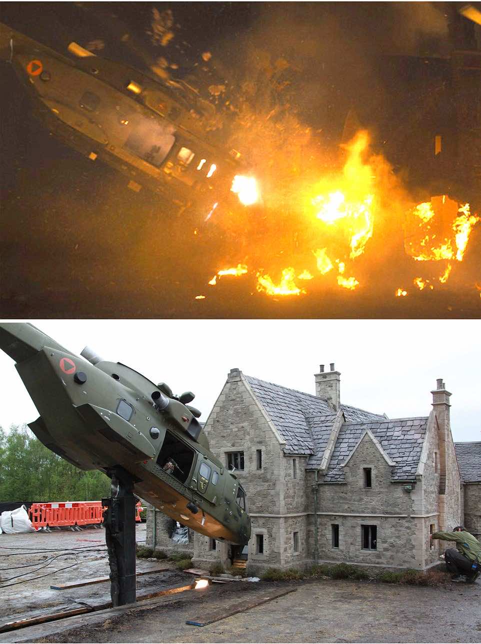 Skyfall (2012) - Skyfall Lodge - the childhood home of James Bond is seen in model form (see man on right for scale during filming) before explosively attacked by enemy helicopter.