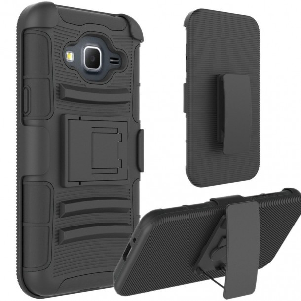 Galaxy J3 case, Black Dual Layer Holster with Kickstand and Belt Swivel Clip