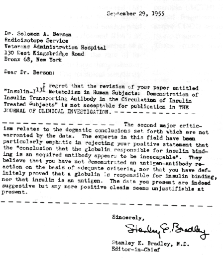 Rejection letter received by Dr. Yalow