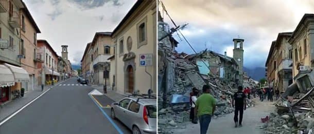 These pictures show the main street in Amatrice before and after the quake. Credits: Google/ AP