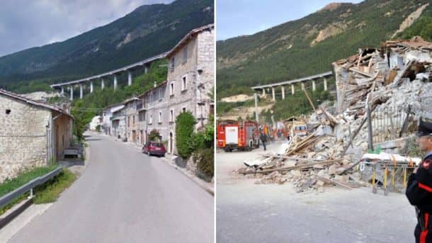 These images show the hamlet of Pescara del Tronto before and after. Credits: Google/ EPA