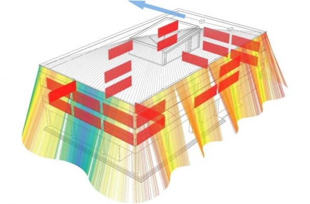 This diagram shows tensile strength applied to the exterior rods during an earthquake. Red shows the areas of most tension, ranging through to yellow and then blue, where there is least. Credits: Wired