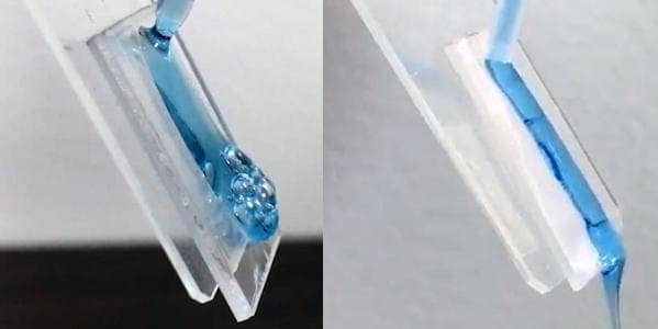 Unlike regular uncoated polypropylene plastic (left), which develops a strong surface tension with soap and leaves the soap molecules sticking to the walls of the bottle, soap and shampoo slides right off the coated material(Credits: Philip S. Brown, courtesy of The Ohio State University)