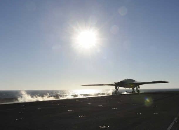 The experimental X-47B Unmanned Combat Air System Demonstrator (UCAS-D) launches from the aircraft carrier. (Credits: U.S. Navy photo/ Sean Weir)