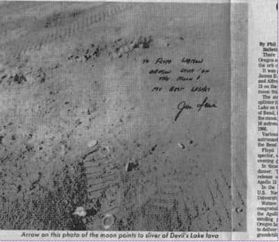 This image of Floyd Watson’s photo of his piece of rock on the moon, autographed by astronaut James Irwin, ran on the front page of The Bend Bulletin on Oct. 2, 1971. (Picture Credits: Bend Bulletin) 
