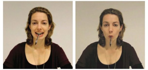 Subject holds a pen in her teeth while smiling (left) and in her lips, forming a pout. (Image: Quentin Gronau/Flick)