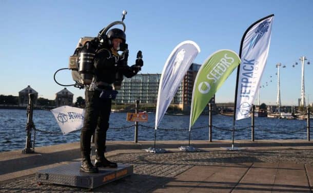 David Mayman before he piloted the JB-10 Jetpack flying machine over the Royal Victoria Docks in east London on its maiden flight in the UK to mark the launch of an equity crowdfunding campaign on Seedrs. PRESS ASSOCIATION Photo. Picture date: Wednesday October 5, 2016. Light enough to be carried by one person, small enough to fit in a car, and with a flight time of up to 10 minutes at speeds of up of 60mph, the JB-10 has a wide range of potential applications and commercial uses. See PA story TRANSPORT Jetpack. Photo credit should read: Chris Radburn/PA Wire