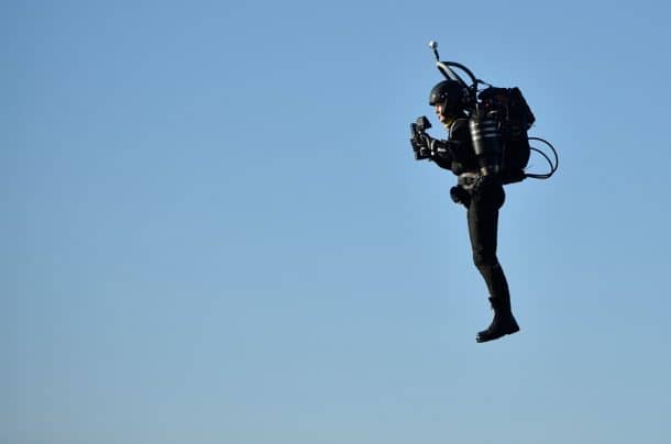 David Mayman pilots the JB-10 Jetpack flying machine over the Royal Victoria Docks in east London on its maiden flight in the UK to mark the launch of an equity crowdfunding campaign on Seedrs.
