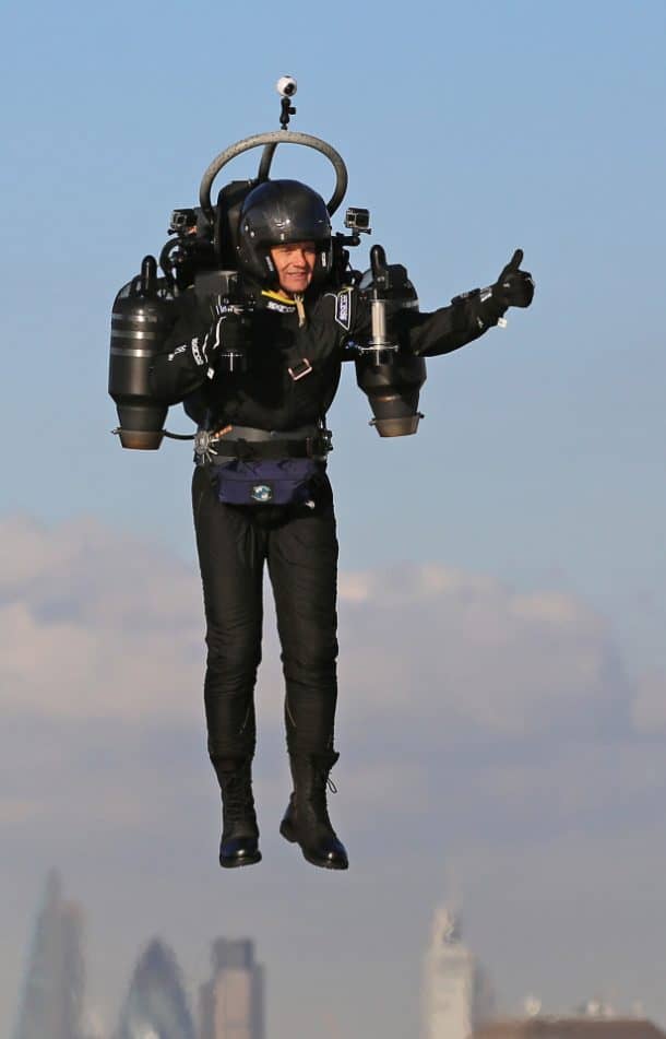 David Mayman pilots the JB-10 Jetpack flying machine over the Royal Victoria Docks in east London on its maiden flight in the UK to mark the launch of an equity crowdfunding campaign on Seedrs. PRESS ASSOCIATION Photo. Picture date: Wednesday October 5, 2016. Light enough to be carried by one person, small enough to fit in a car, and with a flight time of up to 10 minutes at speeds of up of 60mph, the JB-10 has a wide range of potential applications and commercial uses. See PA story TRANSPORT Jetpack. Photo credit should read: Gareth Fuller/PA Wire