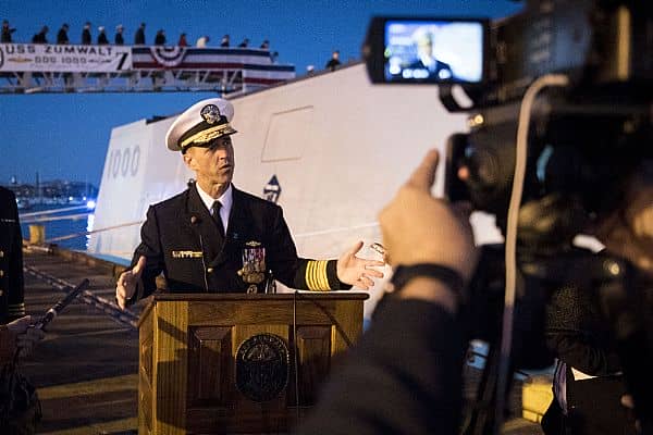 161015-N-AT895-508 BALTIMORE, (Oct. 15, 2016) Chief of Naval Operations (CNO) Adm. John Richardson conducts a media interview during the commissioning ceremony for the Navy's newest and most technologically advanced warship, USS Zumwalt (DDG 1000). (U.S. Navy photo by Petty Officer 1st Class Nathan Laird/Released)