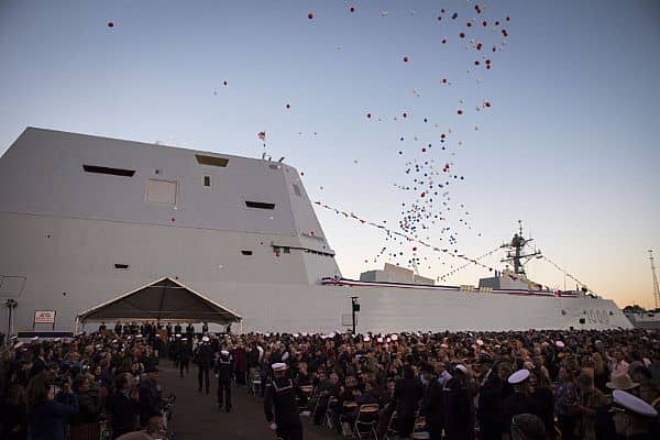 161015-N-AT895-424 BALTIMORE, (Oct. 15, 2016) Balloons fly and the crowd applauds as the Navy's newest and most technologically advanced warship, USS Zumwalt (DDG 1000), is brought to life during a commissioning ceremony at North Locust Point in Baltimore. (U.S. Navy photo by Petty Officer 1st Class Nathan Laird/Released)