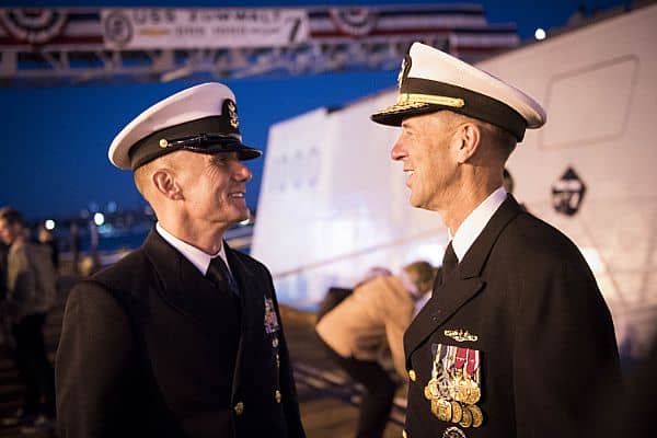 161015-N-AT895-527 BALTIMORE (Oct. 15, 2016) Chief of Naval Operations (CNO) Adm. John Richardson talks with Master Chief Petty Officer of the Navy (MCPON) Steven Giordano during the commissioning ceremony for the Navy's newest and most technologically advanced warship, USS Zumwalt (DDG 1000). (U.S. Navy photo by Petty Officer 1st Class Nathan Laird/Released)