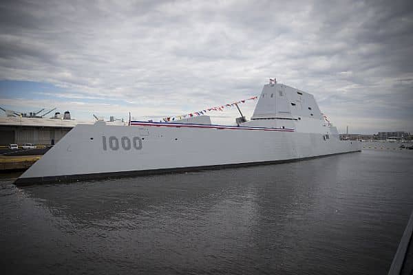161013-N-ZI635-279 BALTIMORE (Oct. 13, 2016) The future Zumwalt-class guided-missile destroyer USS Zumwalt (DDG 1000) is pierside at Canton Port Services in preparation for its upcoming commissioning on Oct. 15, 2016. Zumwalt is named for former Chief of Naval Operations Elmo R. Zumwalt and is the first in a three-ship class of the Navy's newest, most technologically advanced multi-mission guided-missile destroyers. (U.S. Navy photo by Petty Officer 2nd Class George M. Bell/Released)