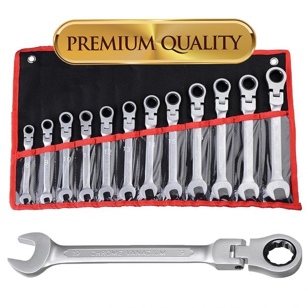 Koval Inc. 12 pc 8-19mm Flexible Reversible Ratcheting Wrench Spanner Set