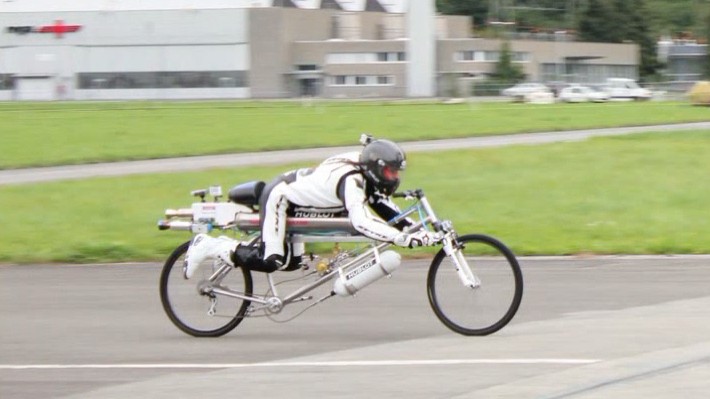 Francois Gissy on his rocket-powered bicycle
