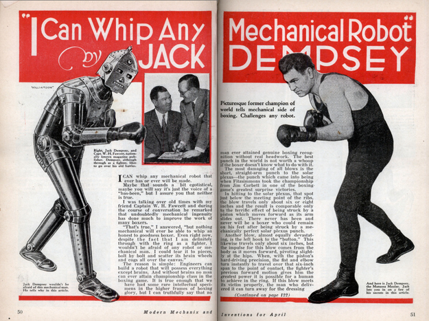 From 1934. The Manassa Mauler was a tough Mick — like me — but that robot would've punched holes through him.