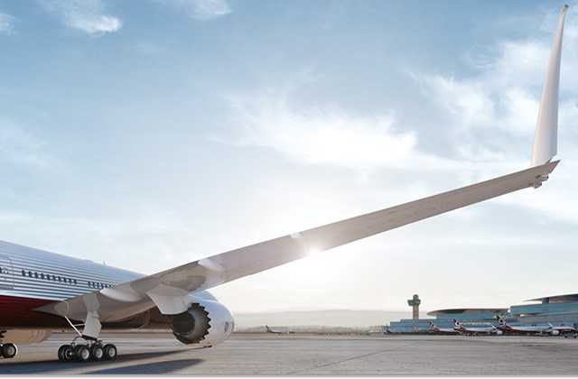 The 777X has folding wing-tips to increase wingspan and fuel-efficiency without limiting a...