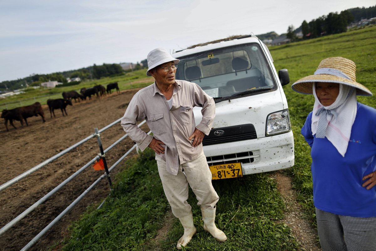 Noboru (L) and Nagako Harada travel every day back to Namie to take care of their 30 cows even though they no longer can be sold. "Cows are my family. I don't want to kill them, I don't know what to do," said Norobu.