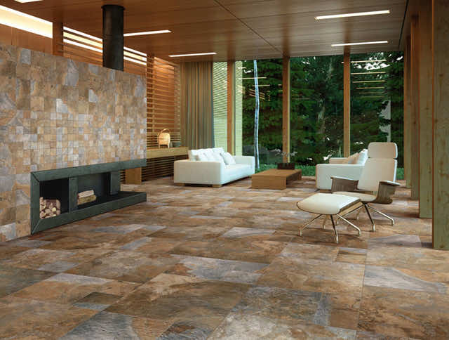 living room with slate flooring