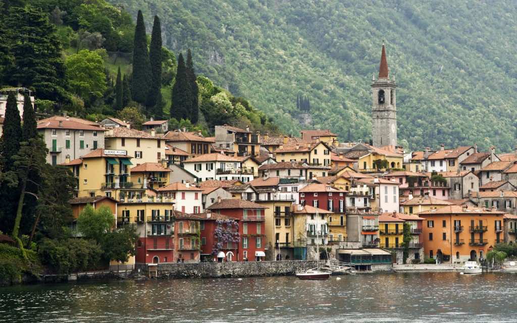 the lakeside village of Varenna is seen on shore of Lake Como, Italy