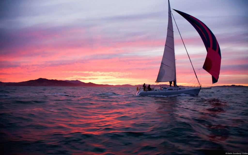 Sailboat in the San Francisco Bay at dusk, California, USA