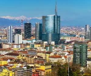 City skyline with Porta Nuova business district and the Alps behind, Milan, Lombardy, Italy