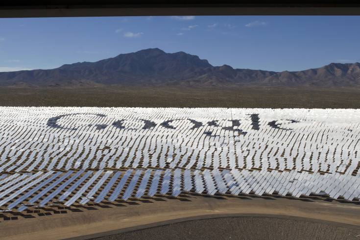 The Google logo is spelled out in heliostats during a tour of the Ivanpah Solar Electric Generating System in the Mojave Desert near the California-Nevada border