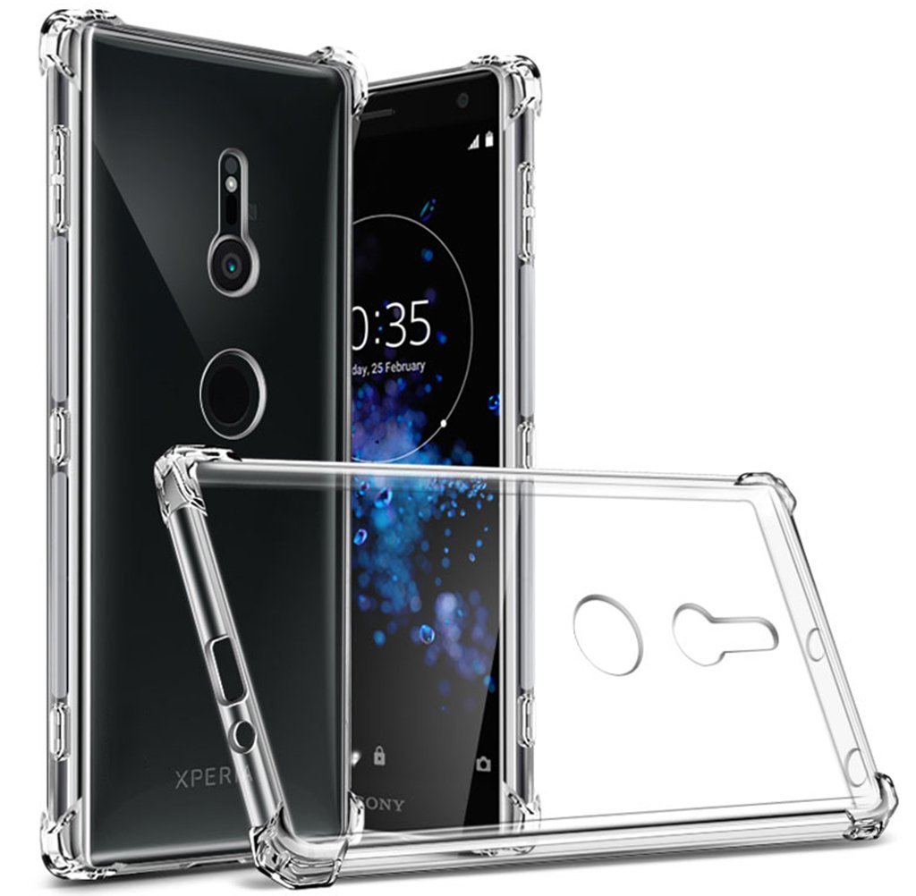 Sling Strap and Removable Etui Cadorabo Necklace Case works with Sony Xperia XZ2 in BLACK SILVER Transparent TPU Silicone Cover with Golden Rings