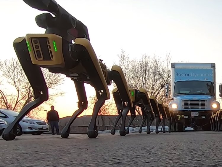 SpotMini Robot Dogs Pull A Truck In The Parking Lot!