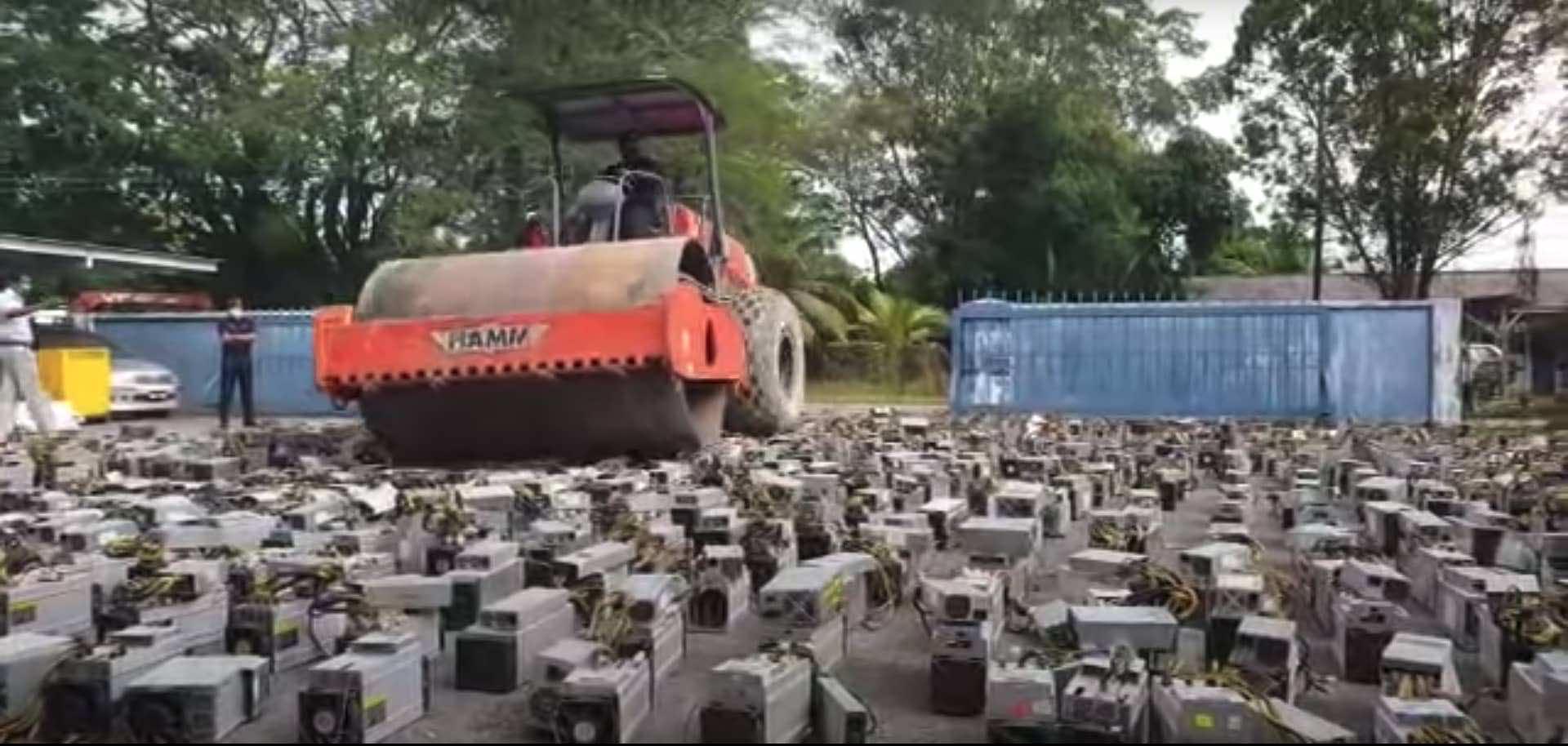 WATCH Over A Thousand Bitcoin Mining Rigs Steamrolled In Malaysia