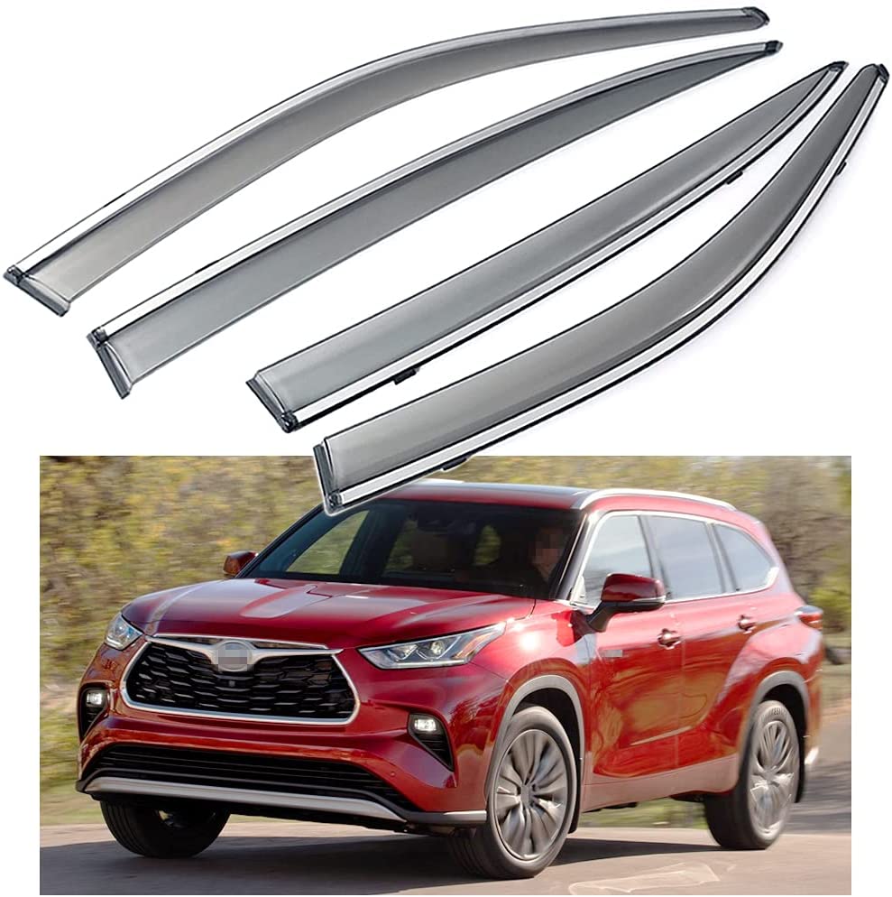 VESUL Tape on/Clip on Window Wind Deflector Polycarbonate Rain Guard Fit for Toyota Highlander 2020 2021 2022 Vent Visor Sun Vent Shade with 304 Stainless Steel Trim Smoke Gray 