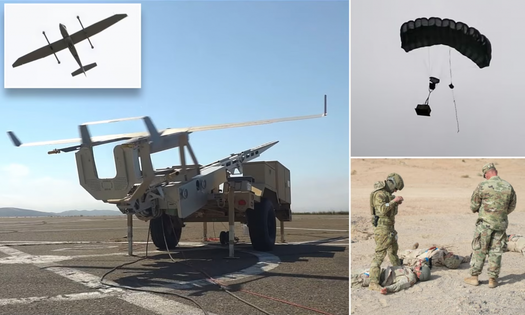 Photo of drone launcher, drone resupply,  supplies dropping with parachute and soldiers receiving the supplies.